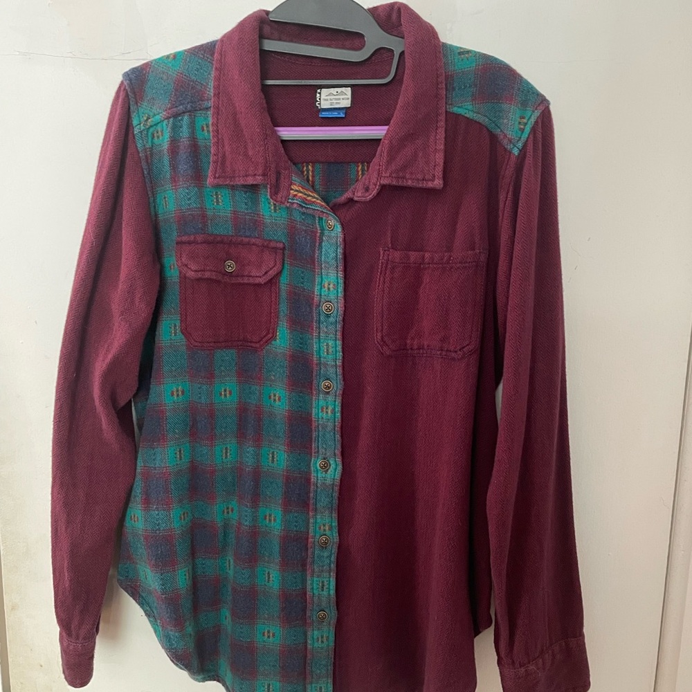 Kavu Joanna Flannel Patchwork Burgundy and Teal Button Down Shirt